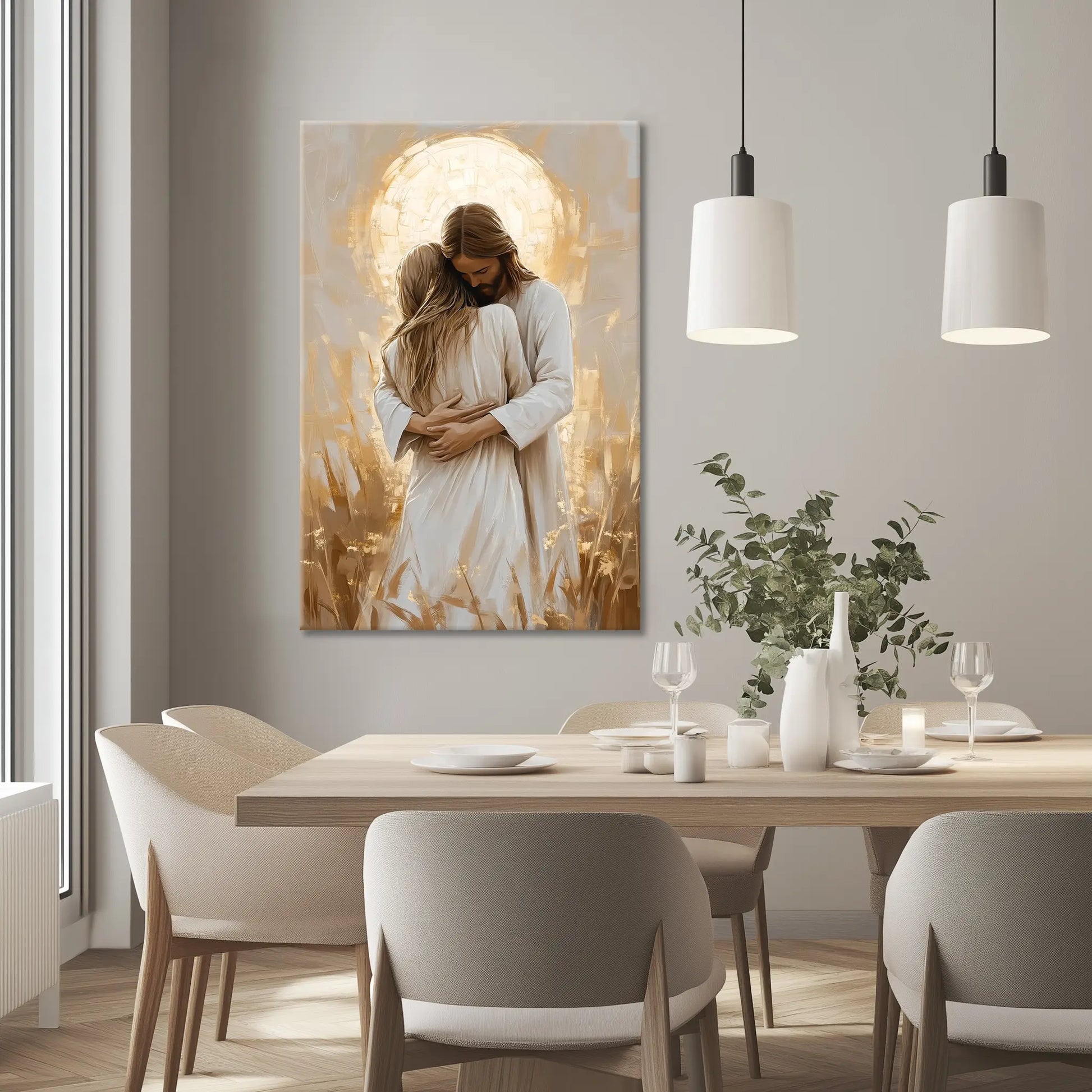 Jesus hugging woman framed Christian print, religious home decor, faith-based artwork.