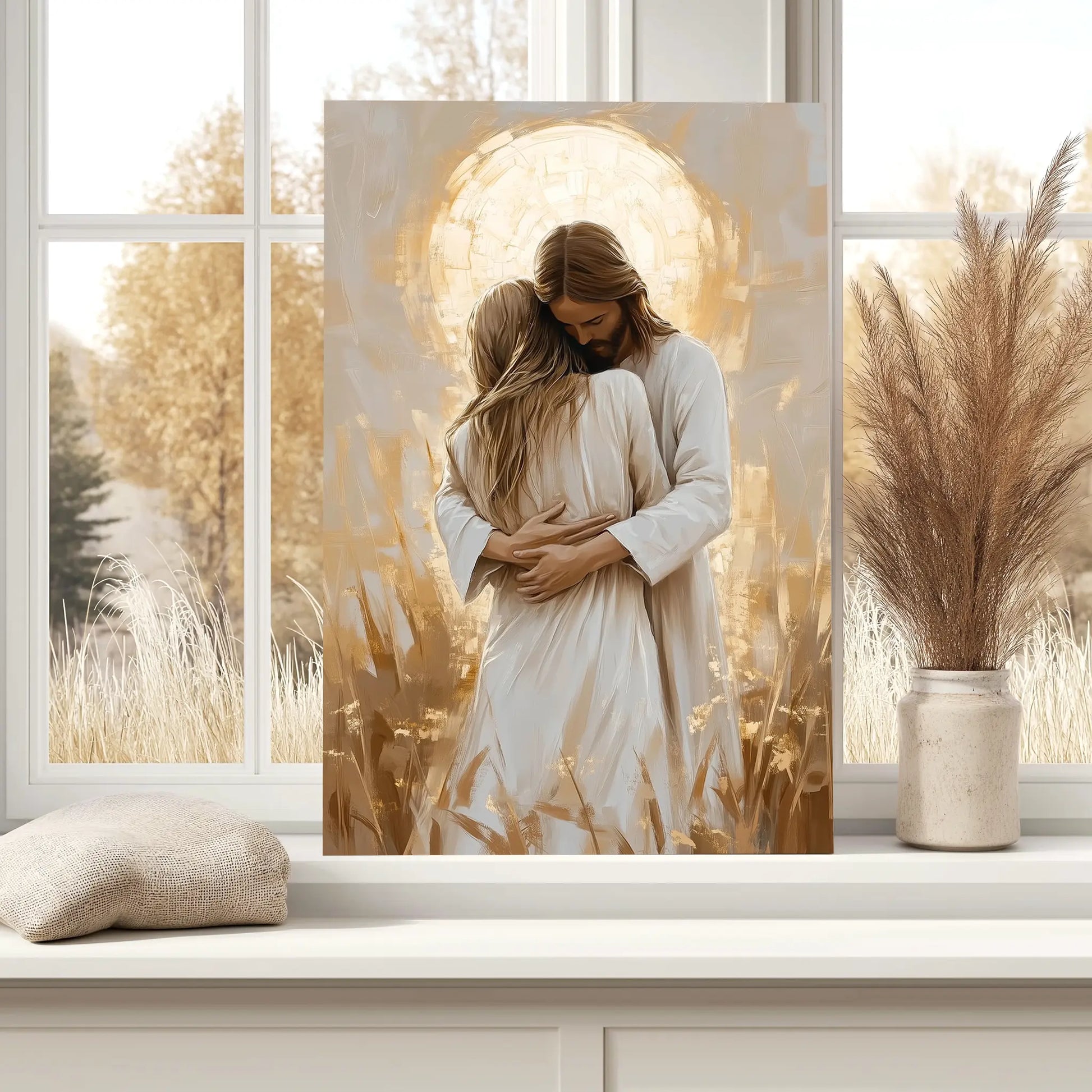 Christian canvas print Jesus embracing woman, framed religious artwork, faith home decor.