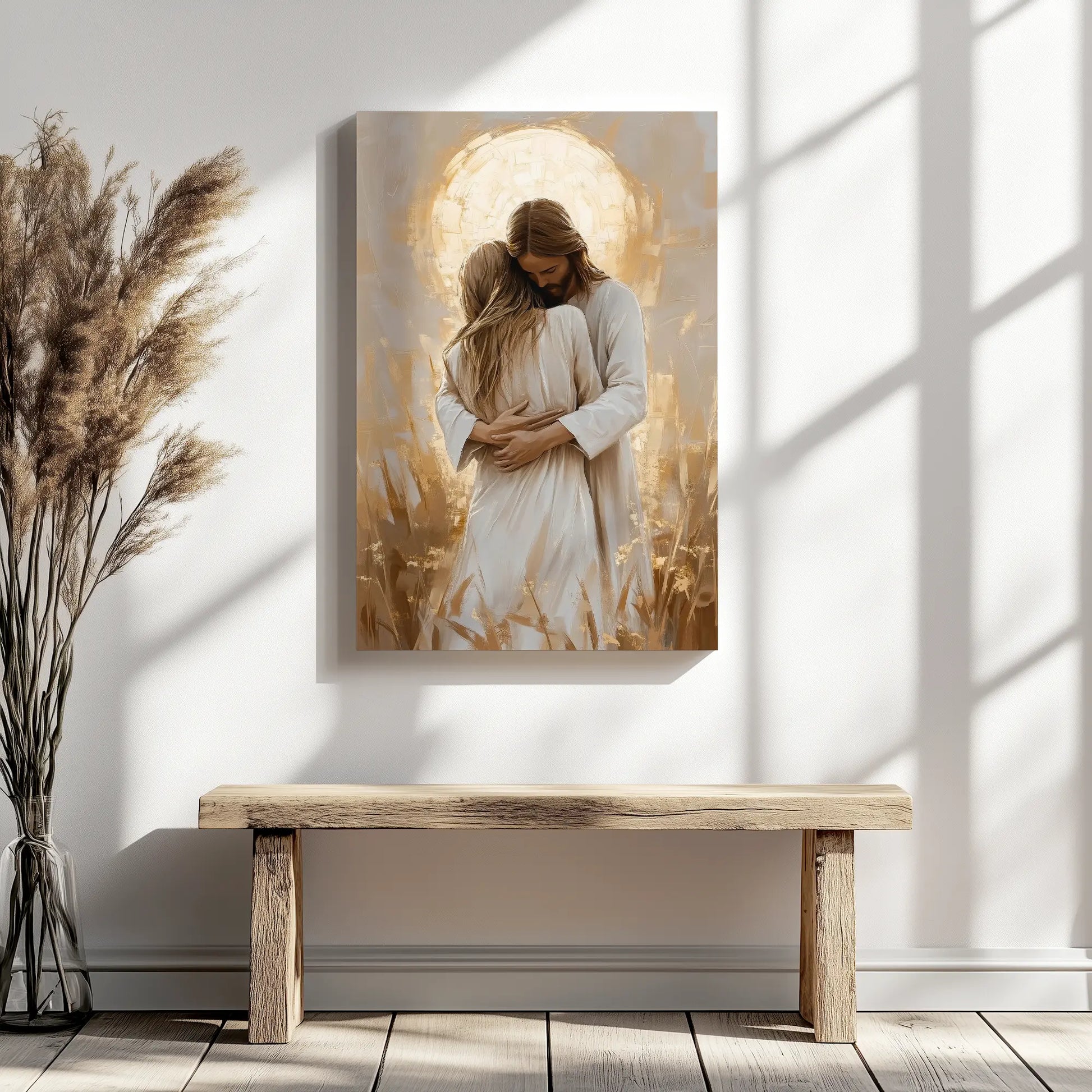 Christian faith canvas of Jesus embracing woman, framed religious artwork, spiritual home decor.