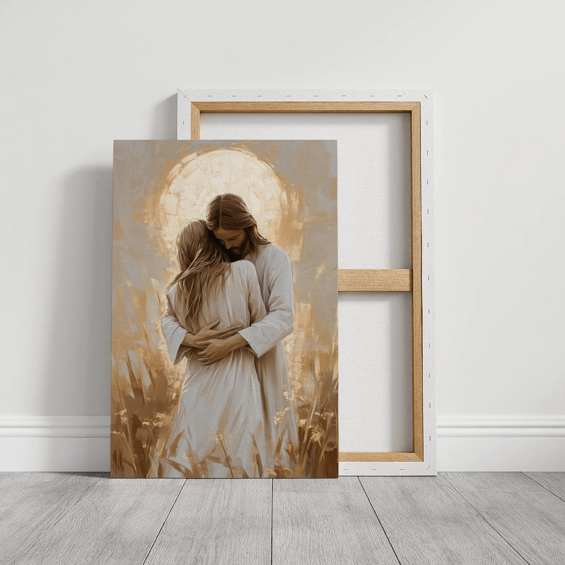 Large framed Christian wall art of Jesus hugging woman, inspirational religious decor, faith print.