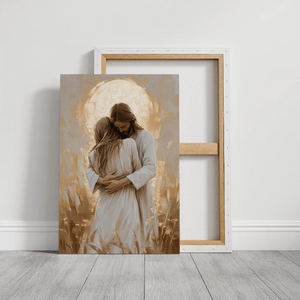 Large framed Christian wall art of Jesus hugging woman, inspirational religious decor, faith print.