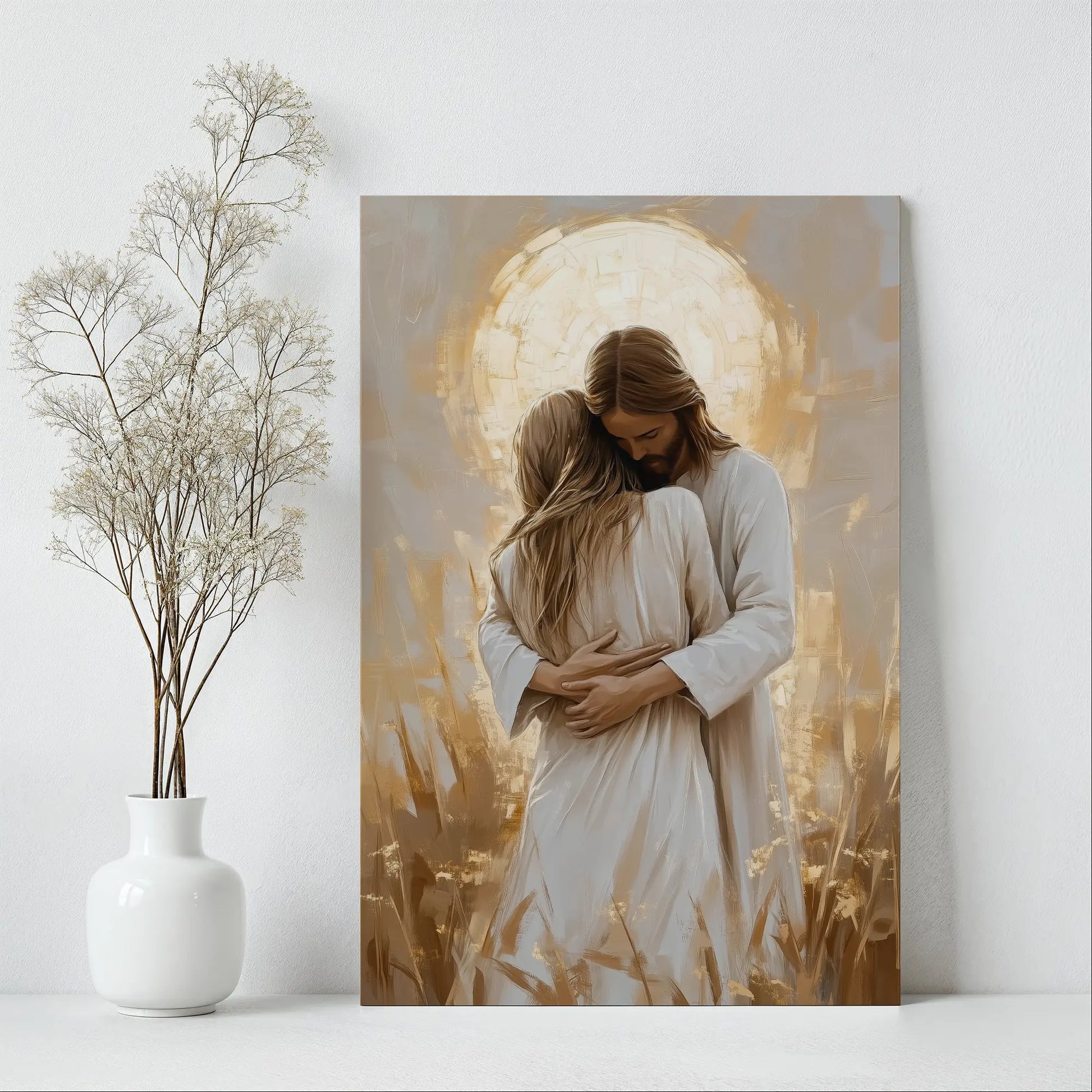 Jesus hugging woman contemporary painting, Christian framed artwork, spiritual faith canvas.