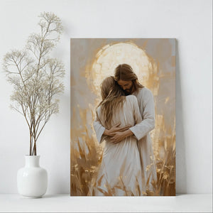 Jesus hugging woman contemporary painting, Christian framed artwork, spiritual faith canvas.