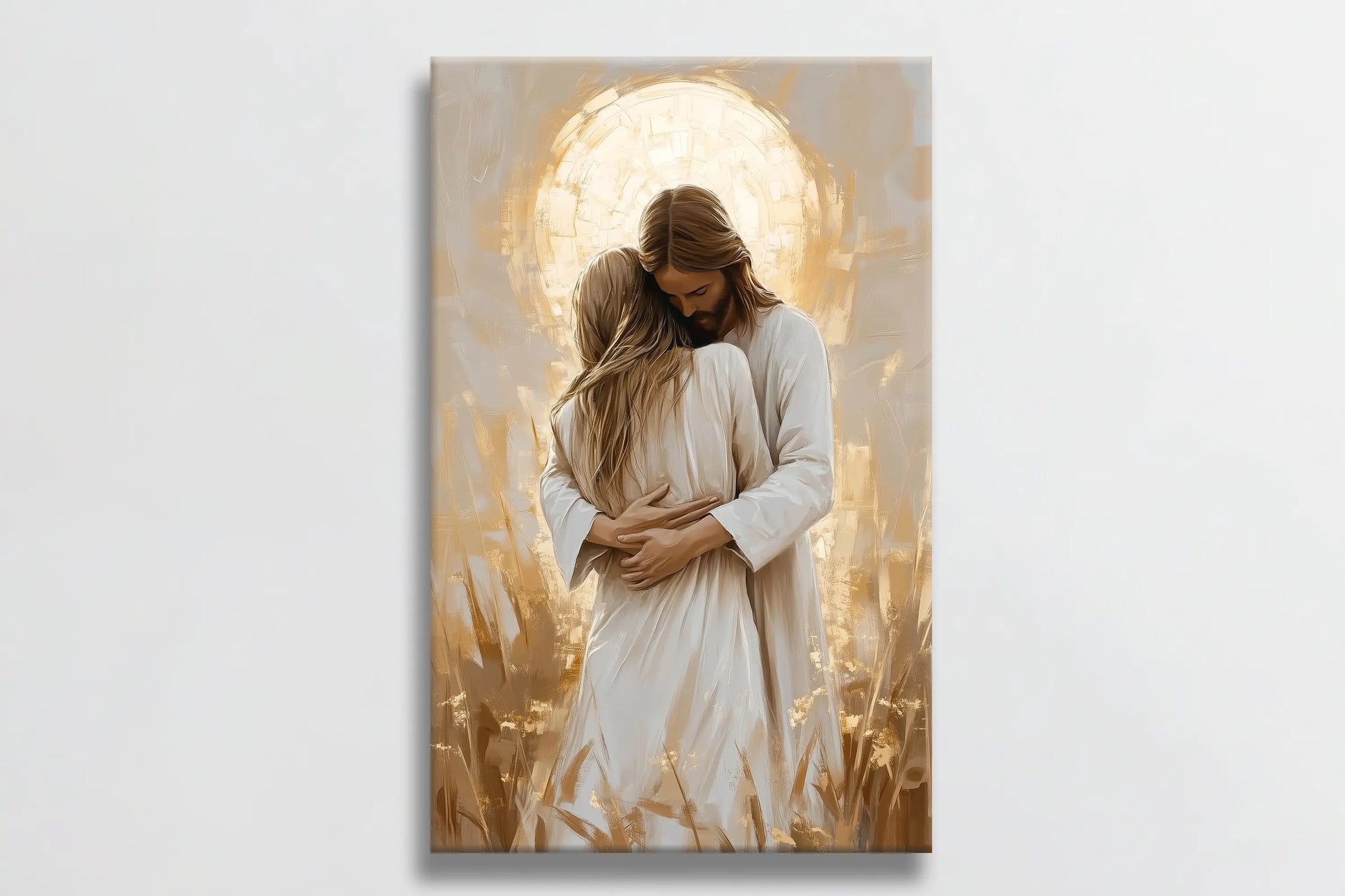 Christian artwork of Jesus hugging woman, framed religious print, inspirational wall decor.