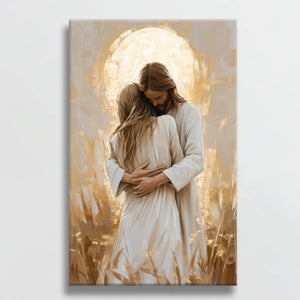 Christian artwork of Jesus hugging woman, framed religious print, inspirational wall decor.