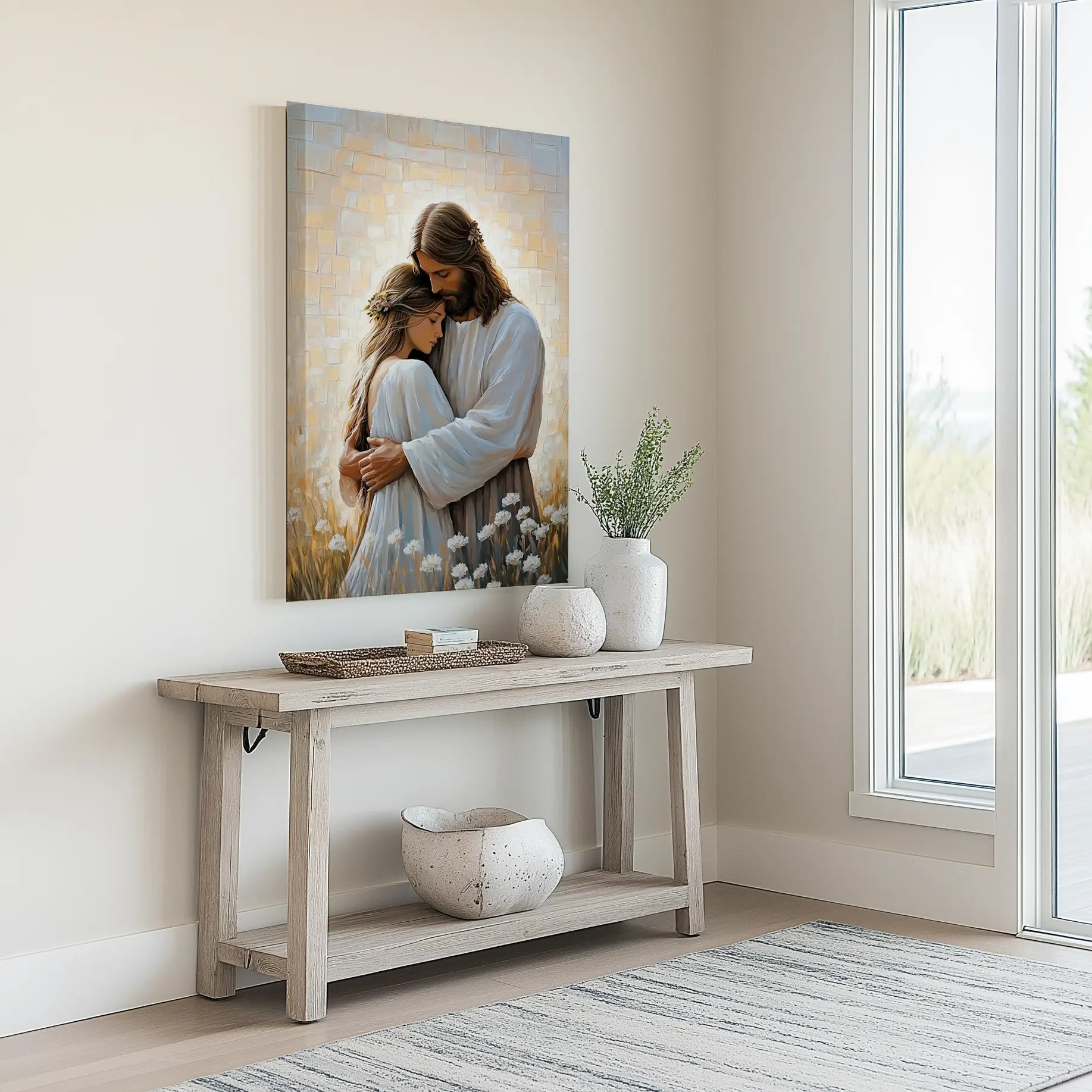 Jesus hugging woman framed religious painting, modern Christian artwork, faith-inspired decor.