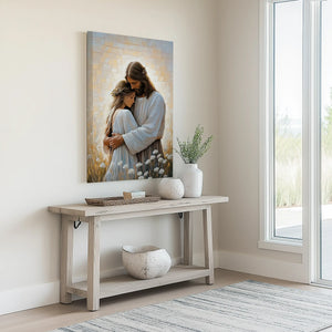 Jesus hugging woman framed religious painting, modern Christian artwork, faith-inspired decor.