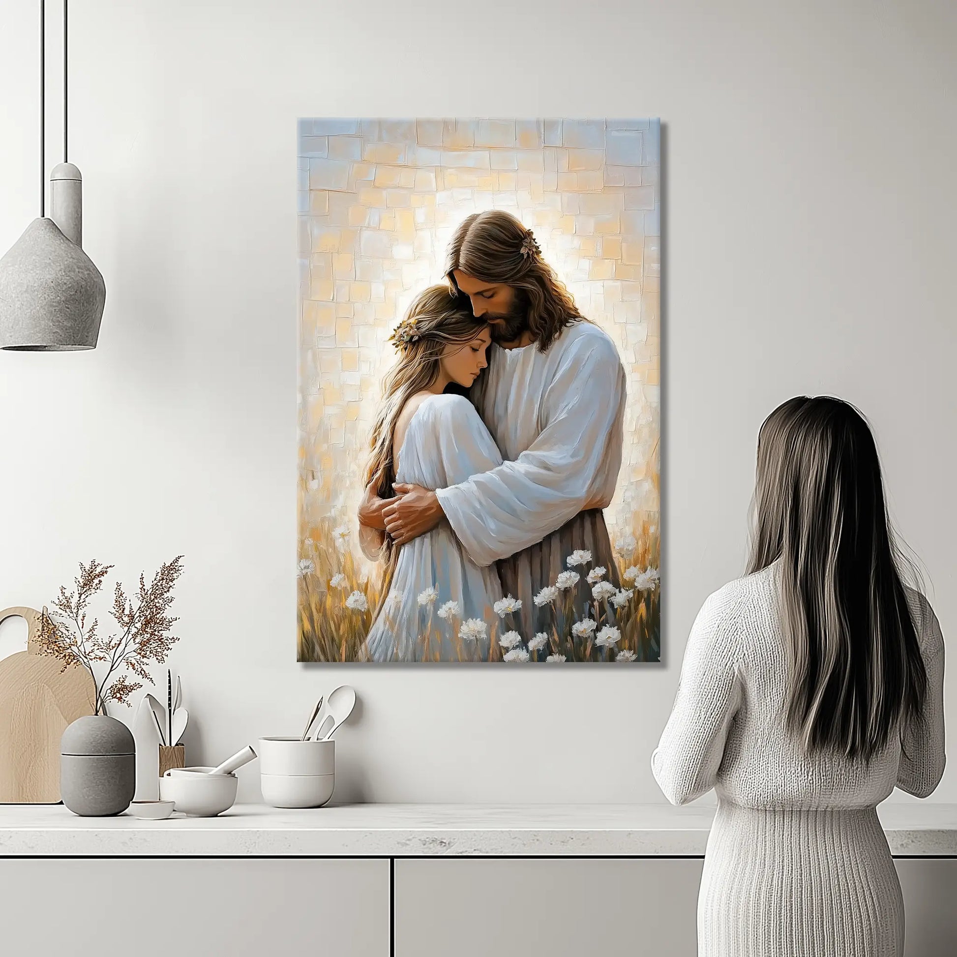Religious framed art of Jesus embracing woman, Christian faith canvas print, spiritual home decor.