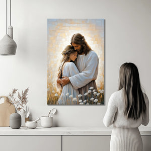 Religious framed art of Jesus embracing woman, Christian faith canvas print, spiritual home decor.