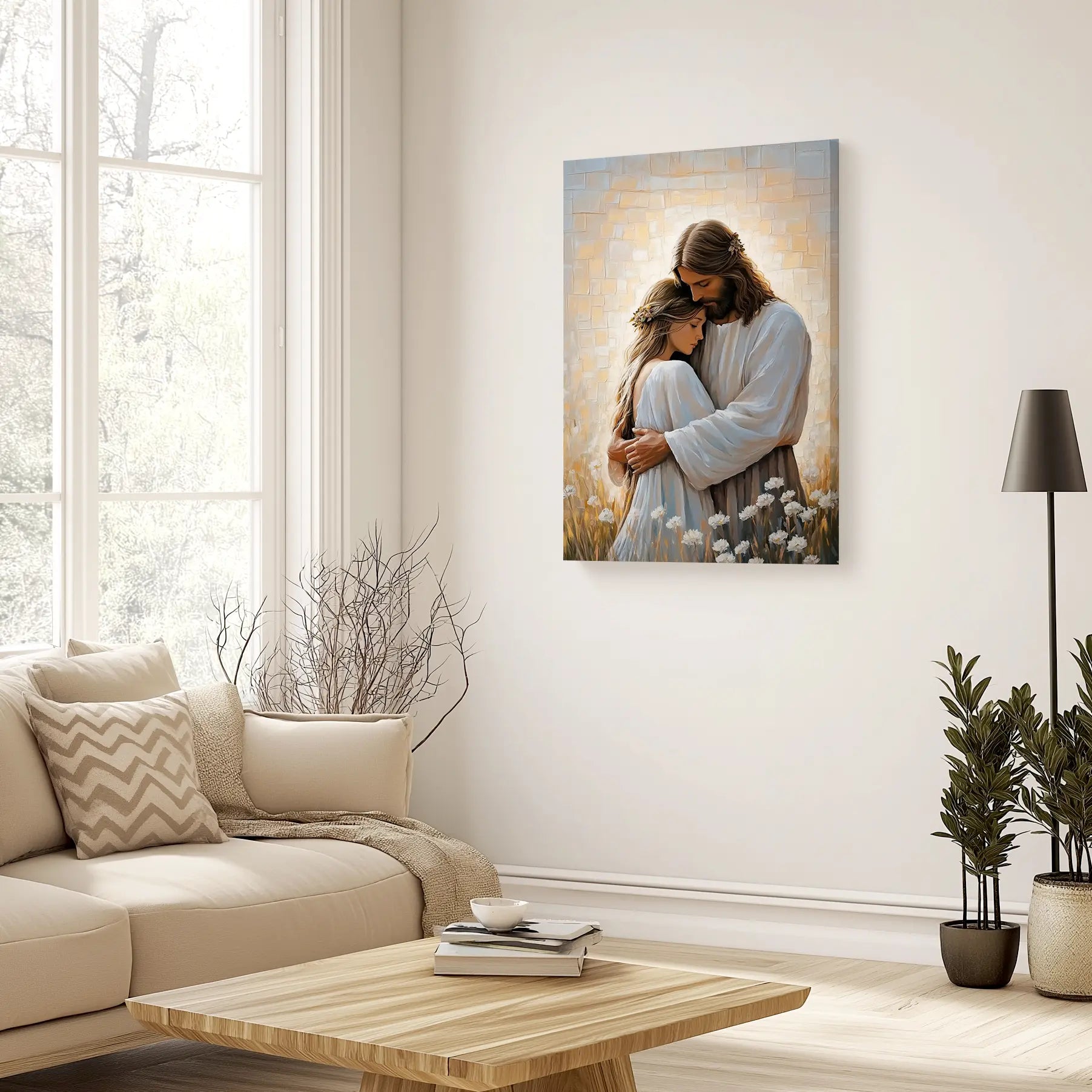 Religious framed art of Jesus embracing woman, Christian faith canvas print, spiritual home decor.