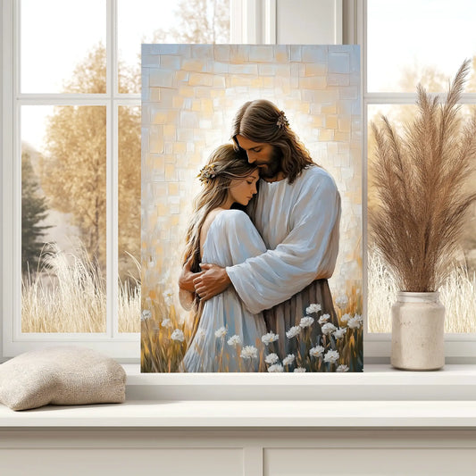 Jesus embracing woman framed faith painting, inspirational Christian wall art canvas.