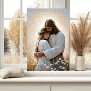 Jesus embracing woman framed faith painting, inspirational Christian wall art canvas.