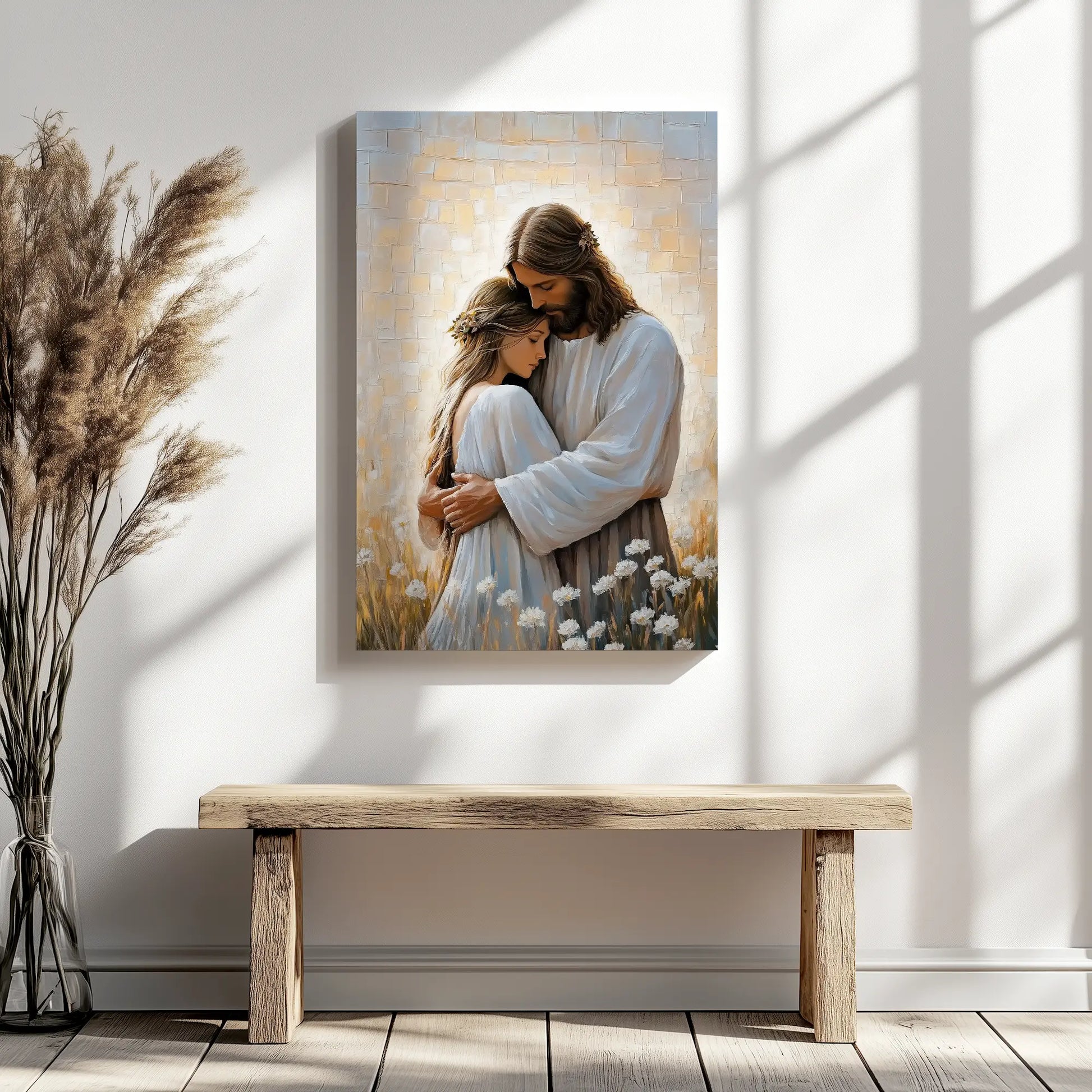 Jesus hugging woman contemporary artwork, framed Christian home decor, religious wall art.