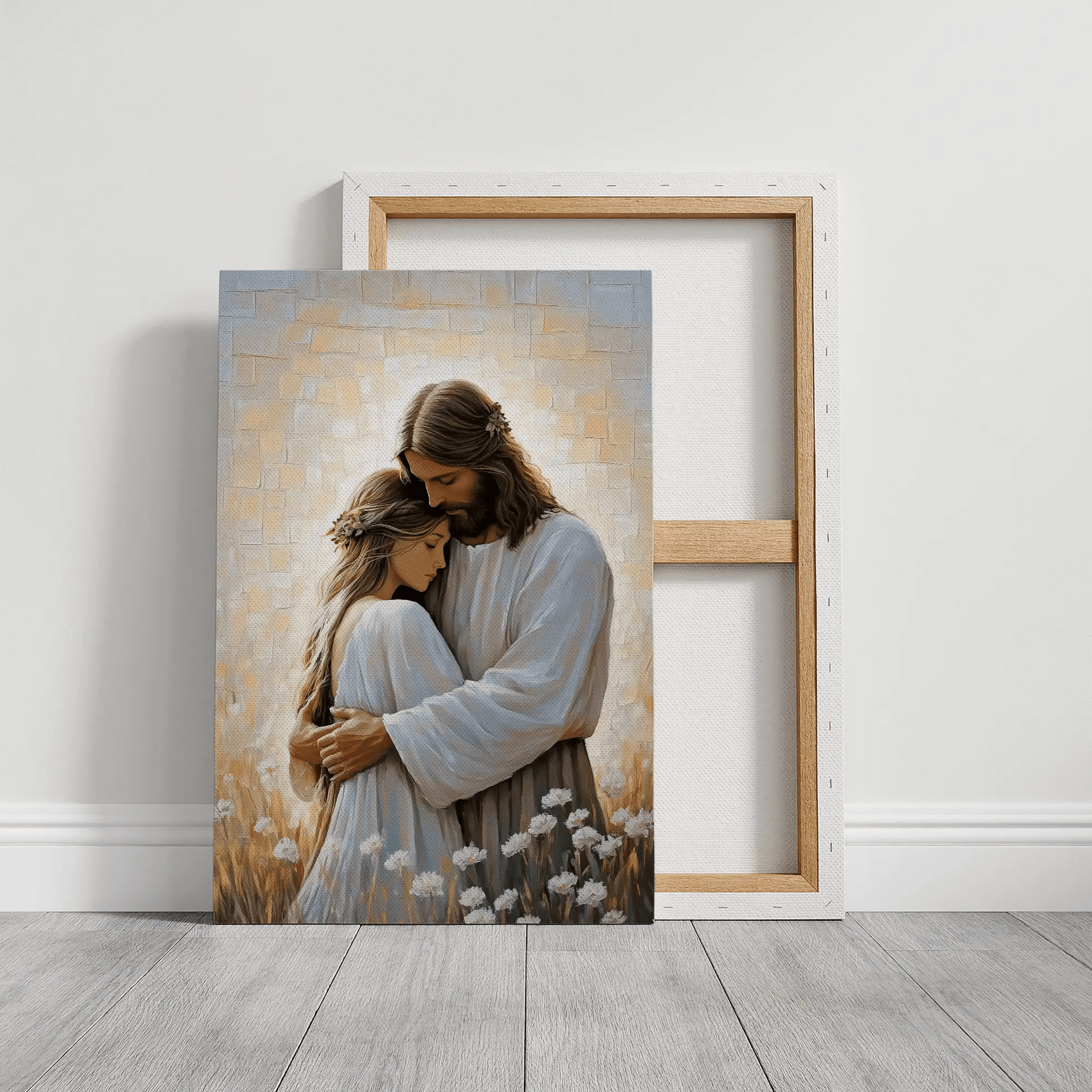 Large Christian framed picture of Jesus hugging woman, religious home decor, faith canvas.