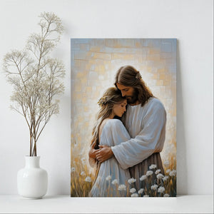 Jesus embracing woman faith-based artwork, framed Christian decor, religious home canvas.