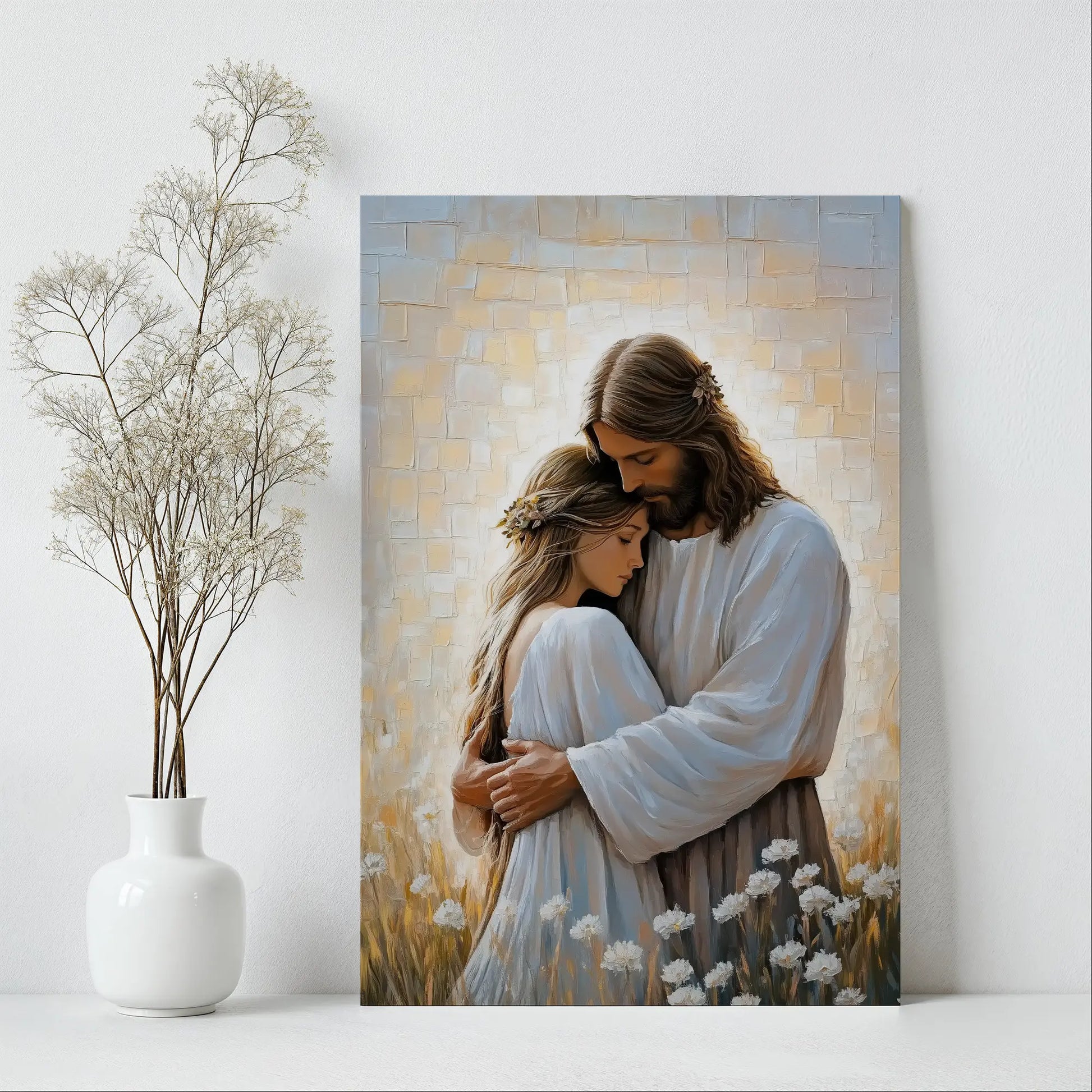 Jesus embracing woman faith-based artwork, framed Christian decor, religious home canvas.