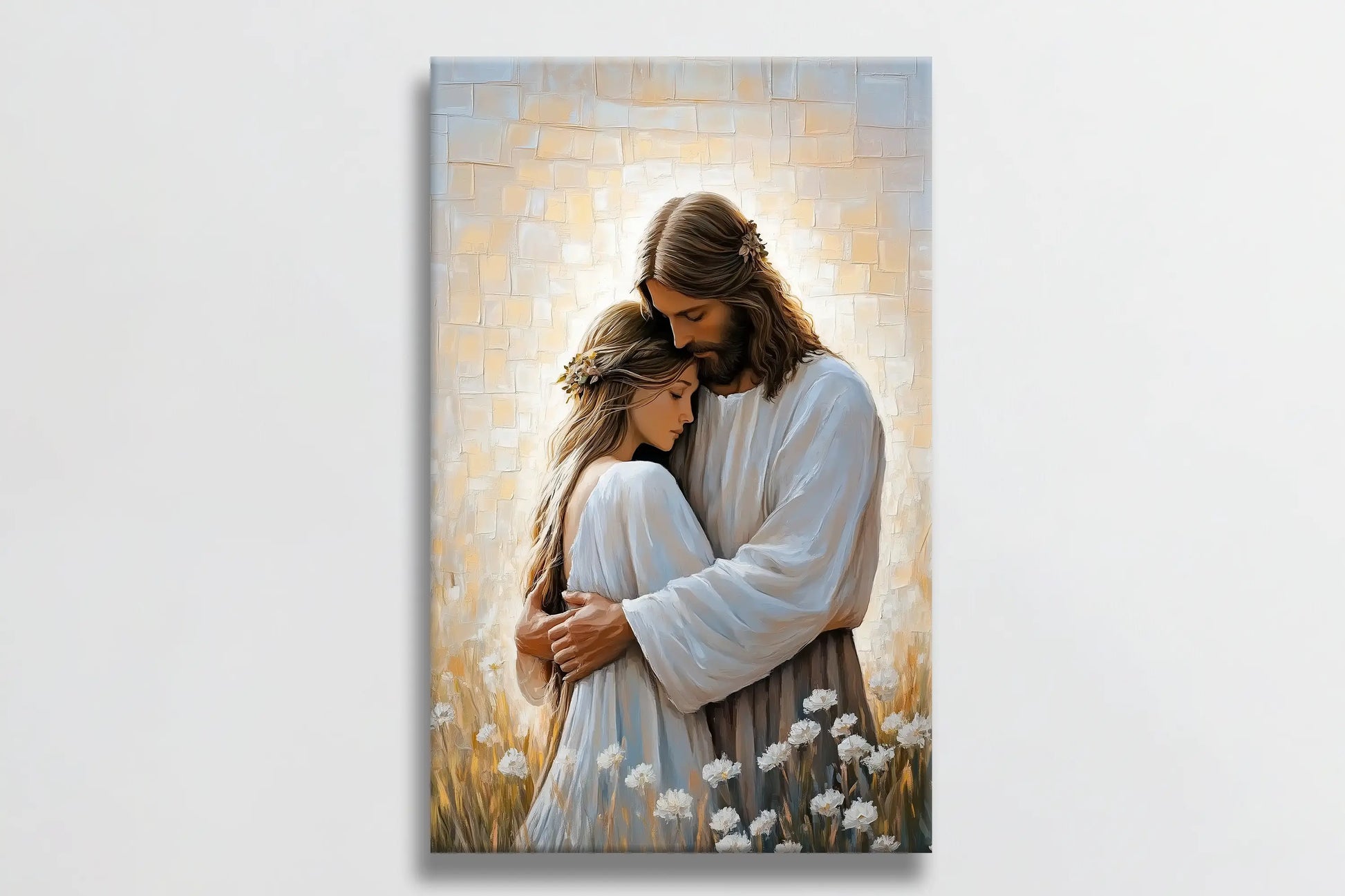 Jesus hugging woman contemporary Christian painting, faith-inspired wall art, framed decor.