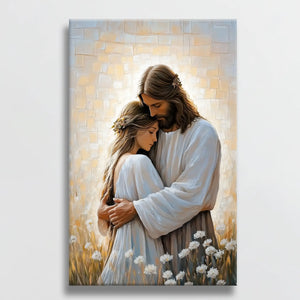 Jesus hugging woman contemporary Christian painting, faith-inspired wall art, framed decor.