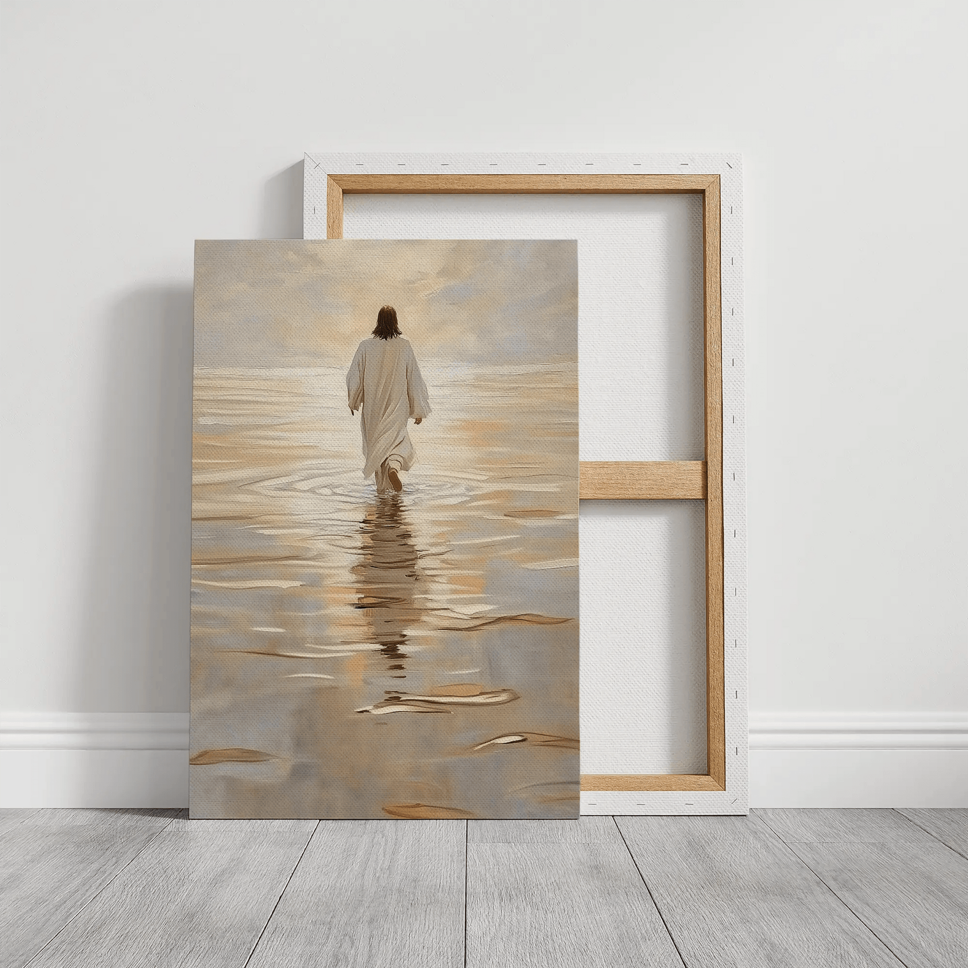 framed religious artwork, painting of christ walking on water, christian canvas artwork