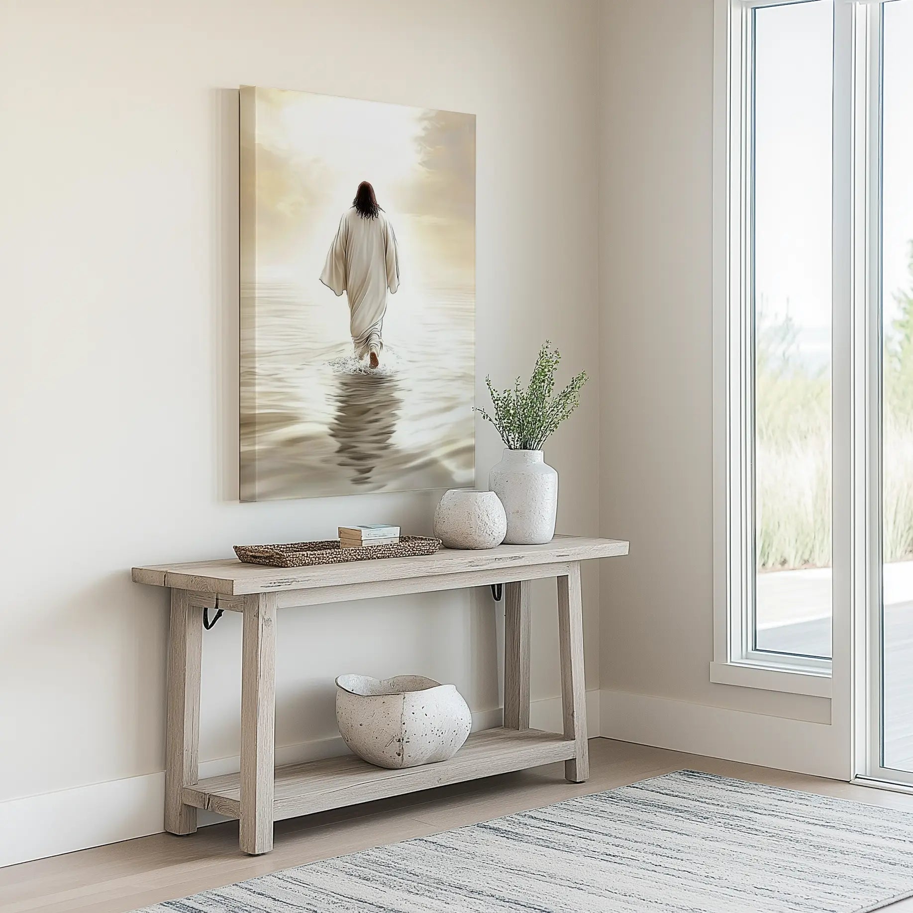 christian artwork on canvas, painting of jesus walking on water, framed christian art