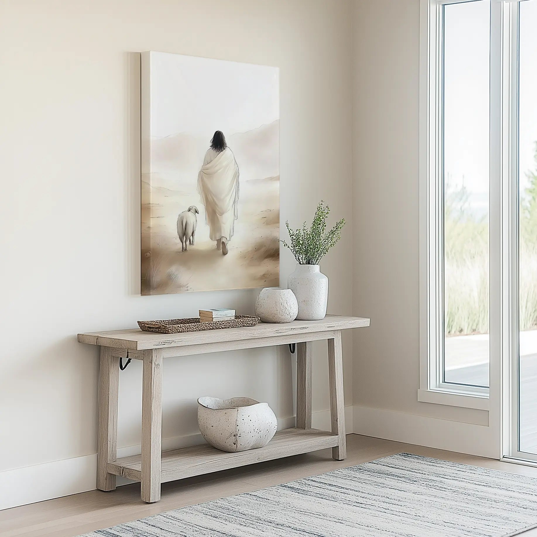 The Good Shepherd leaving the 99 painting, Christian framed art, religious decor.