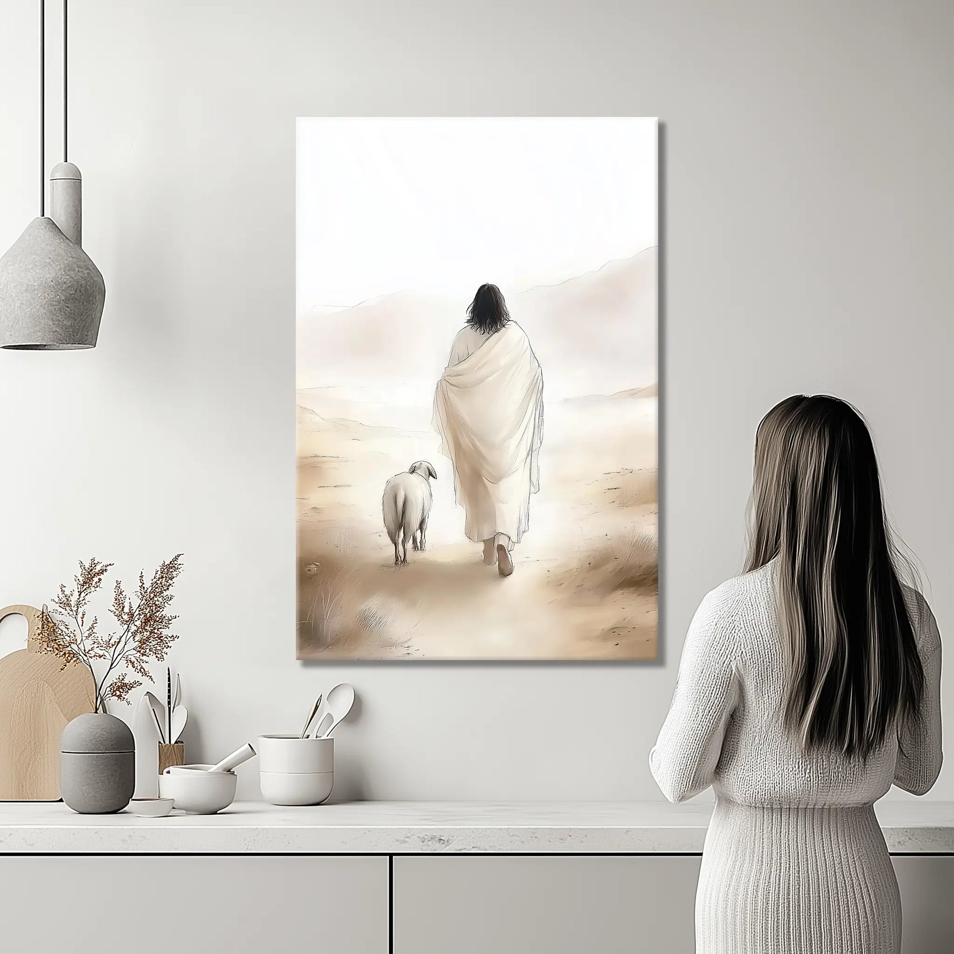 Jesus seeking lost sheep artwork, inspirational Christian wall art, faith canvas print.