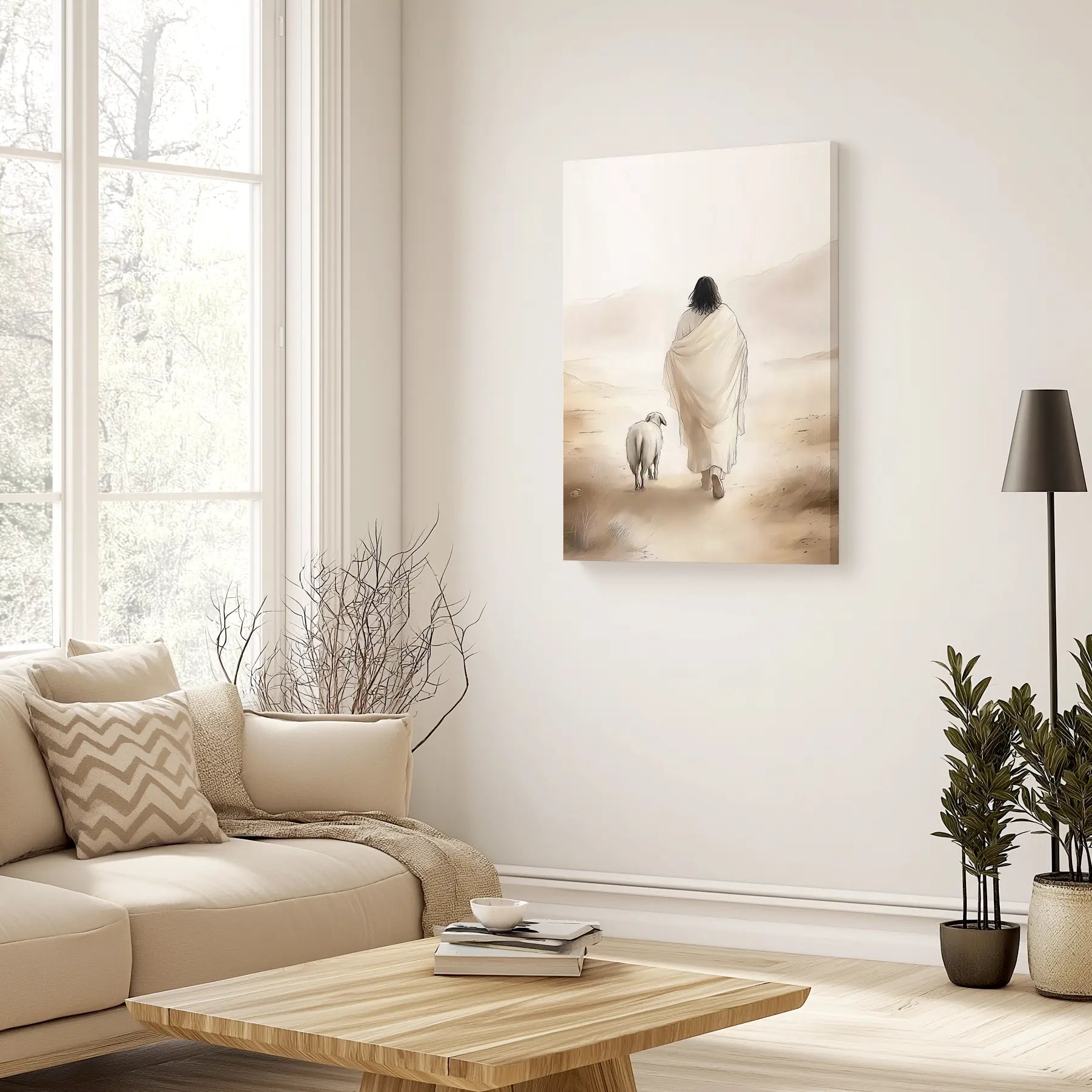Jesus rescuing lost sheep canvas, contemporary Christian artwork, framed wall decor.