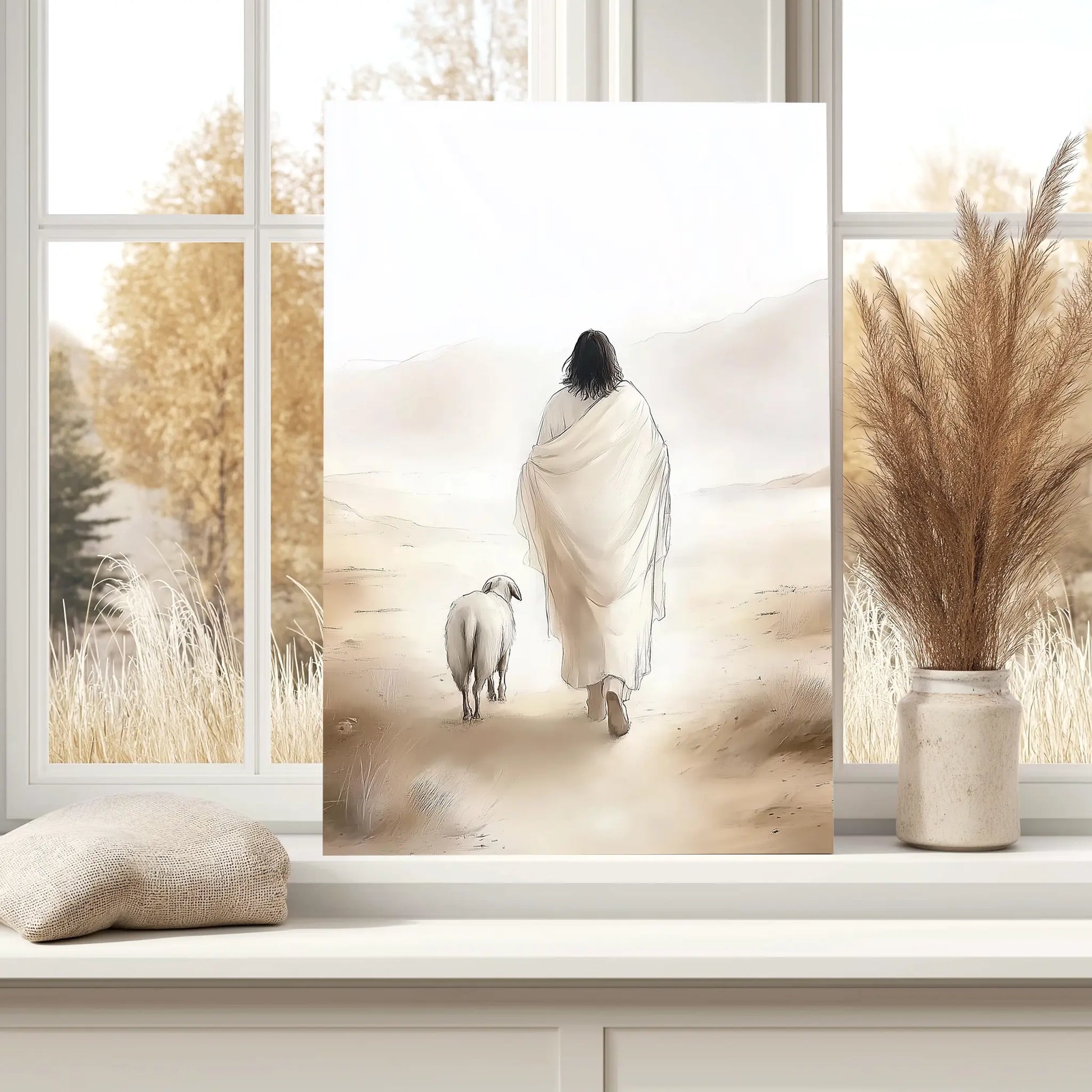 Jesus leaves the 99 painting, Christian canvas wall art, framed religious artwork.
