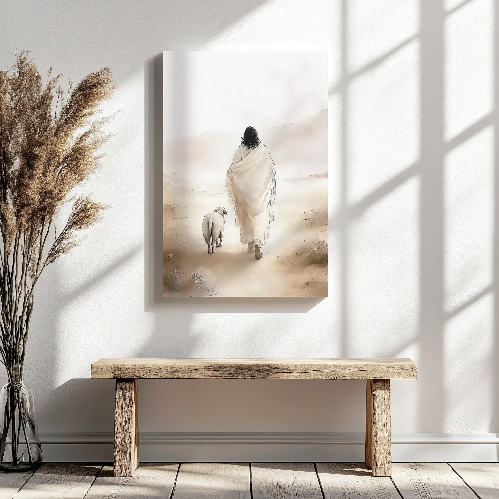 Large Christian wall art canvas, Jesus leaving the 99 framed painting, faith artwork.
