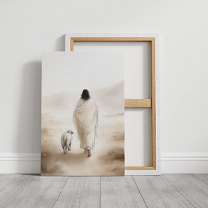 Jesus saving lost sheep painting, Christian framed wall art, inspirational religious decor.