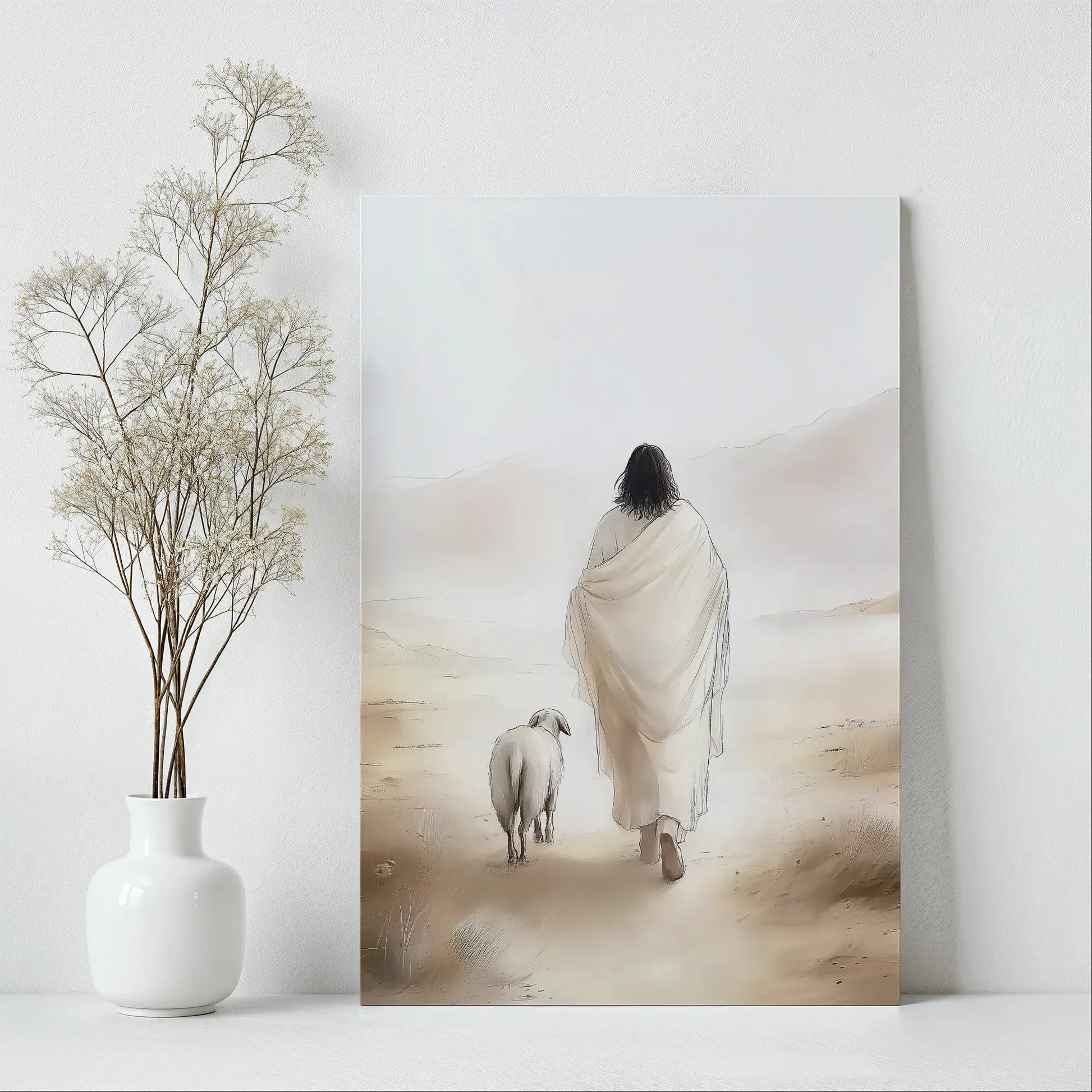 Christian wall hanging of Jesus leaving the 99, framed Christian art, faith-inspired canvas