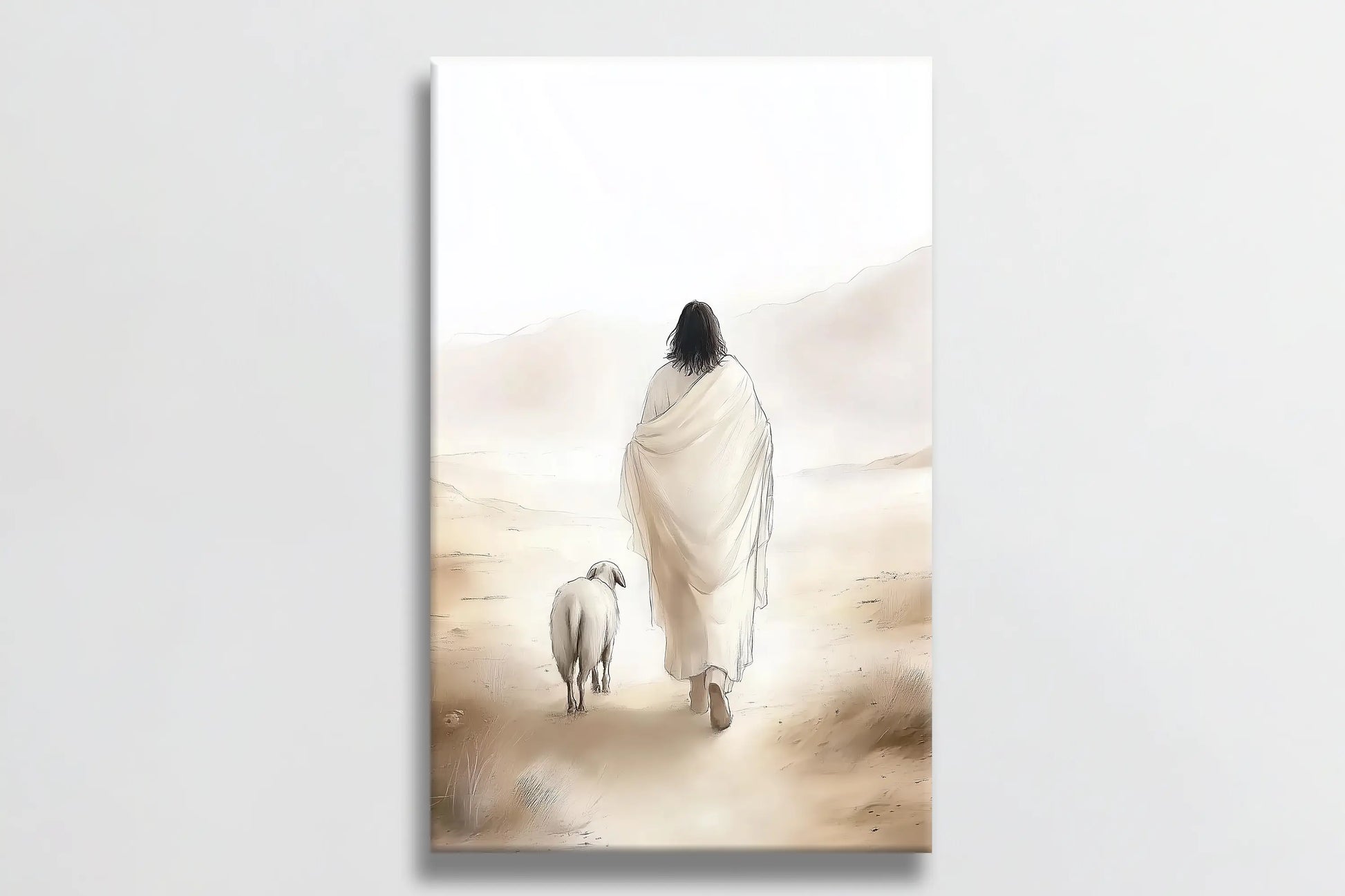 Christian wall hanging of Jesus leaving the 99, framed Christian art, faith-inspired canvas