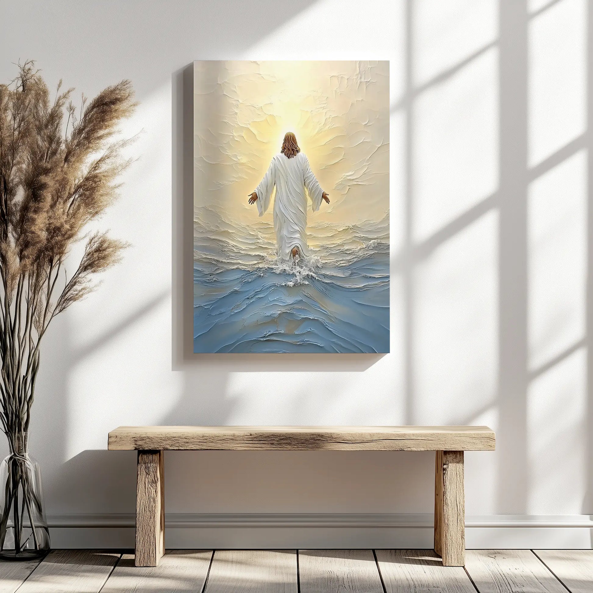 canvas painting of jesus walking on water, christian framed artwork, religious framed art