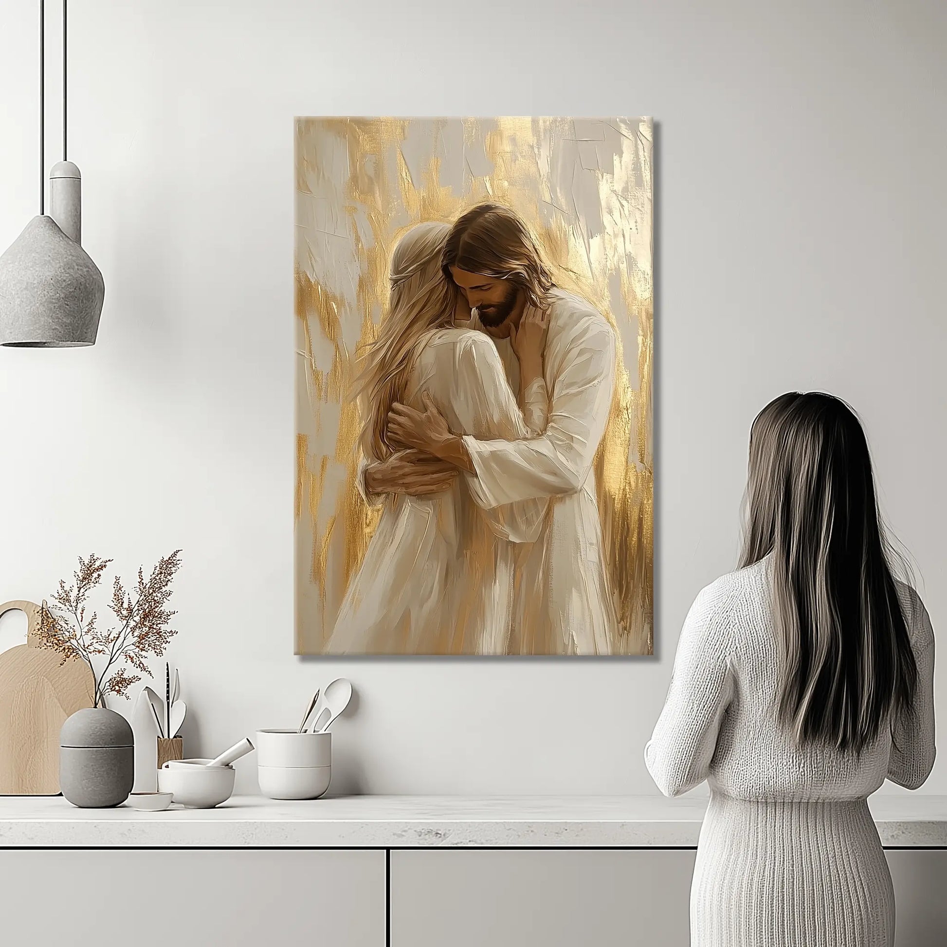 Christian wall art Jesus hugging woman, framed religious art, faith-inspired print.