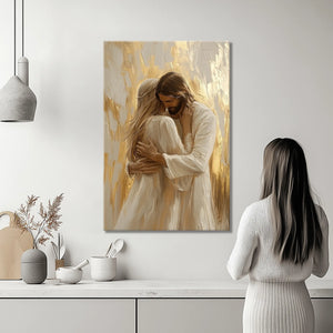 Christian wall art Jesus hugging woman, framed religious art, faith-inspired print.
