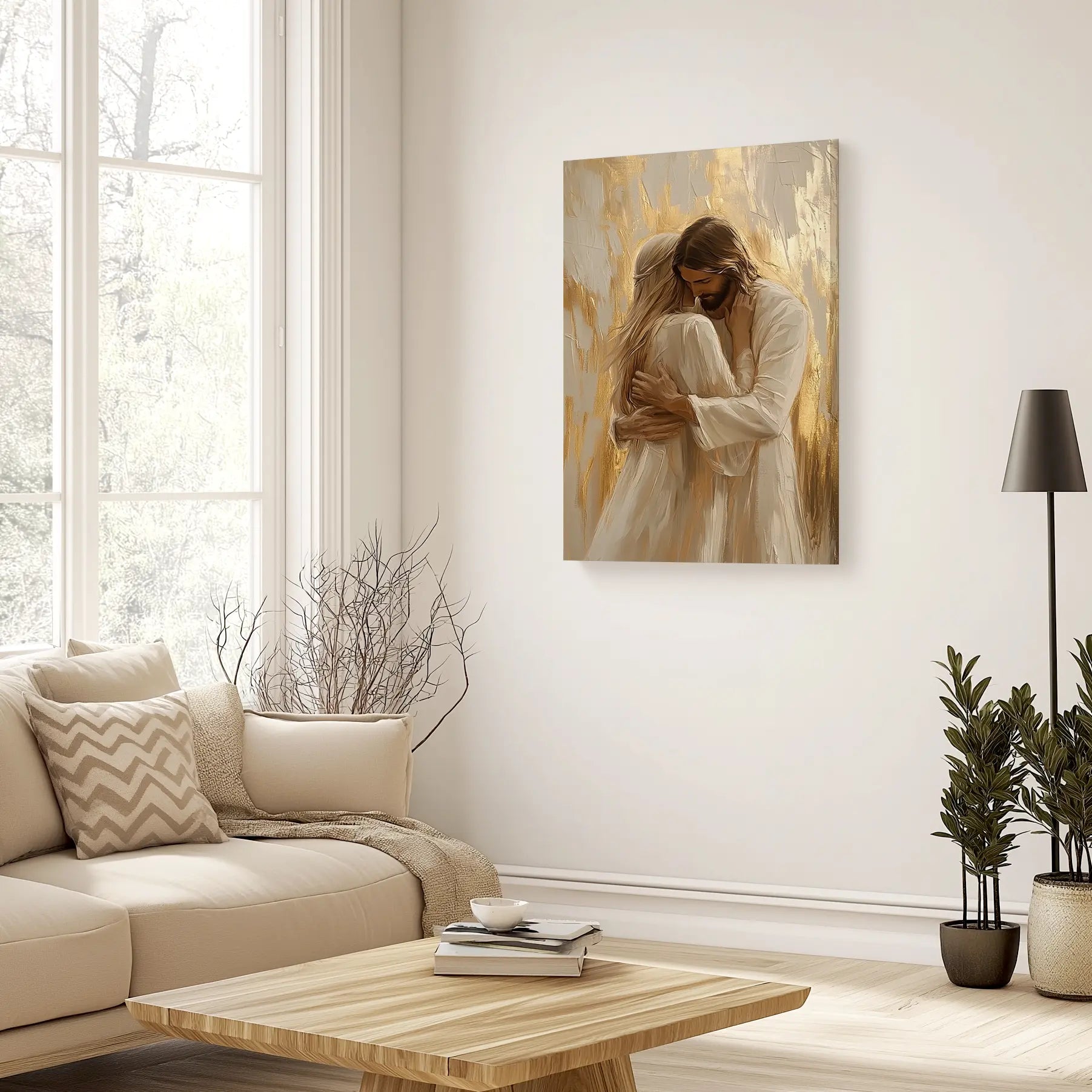 Jesus hugging woman religious canvas, Christian framed wall art, inspirational home decor.