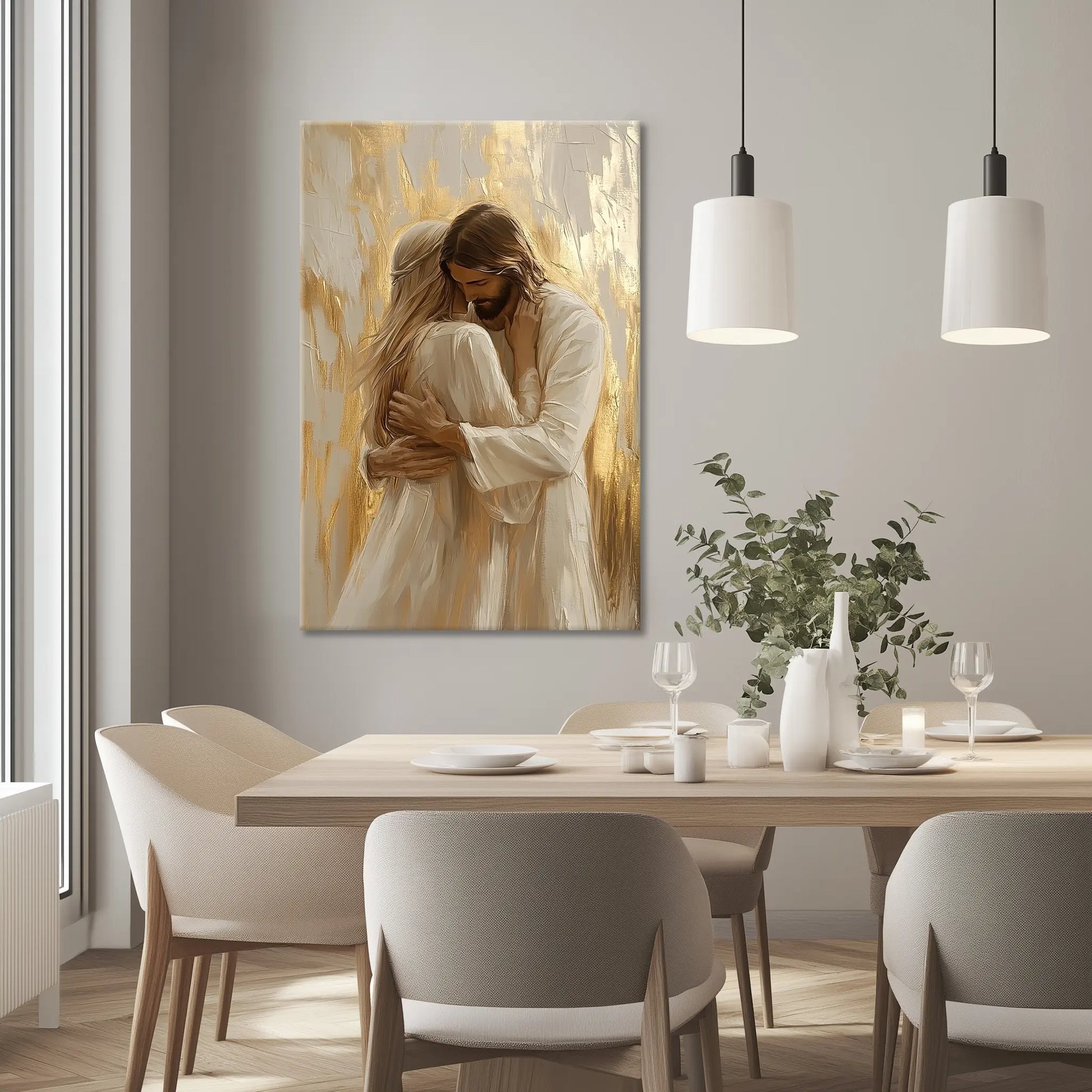 Christian framed picture of Jesus embracing woman, religious wall hanging, faith-based artwork.