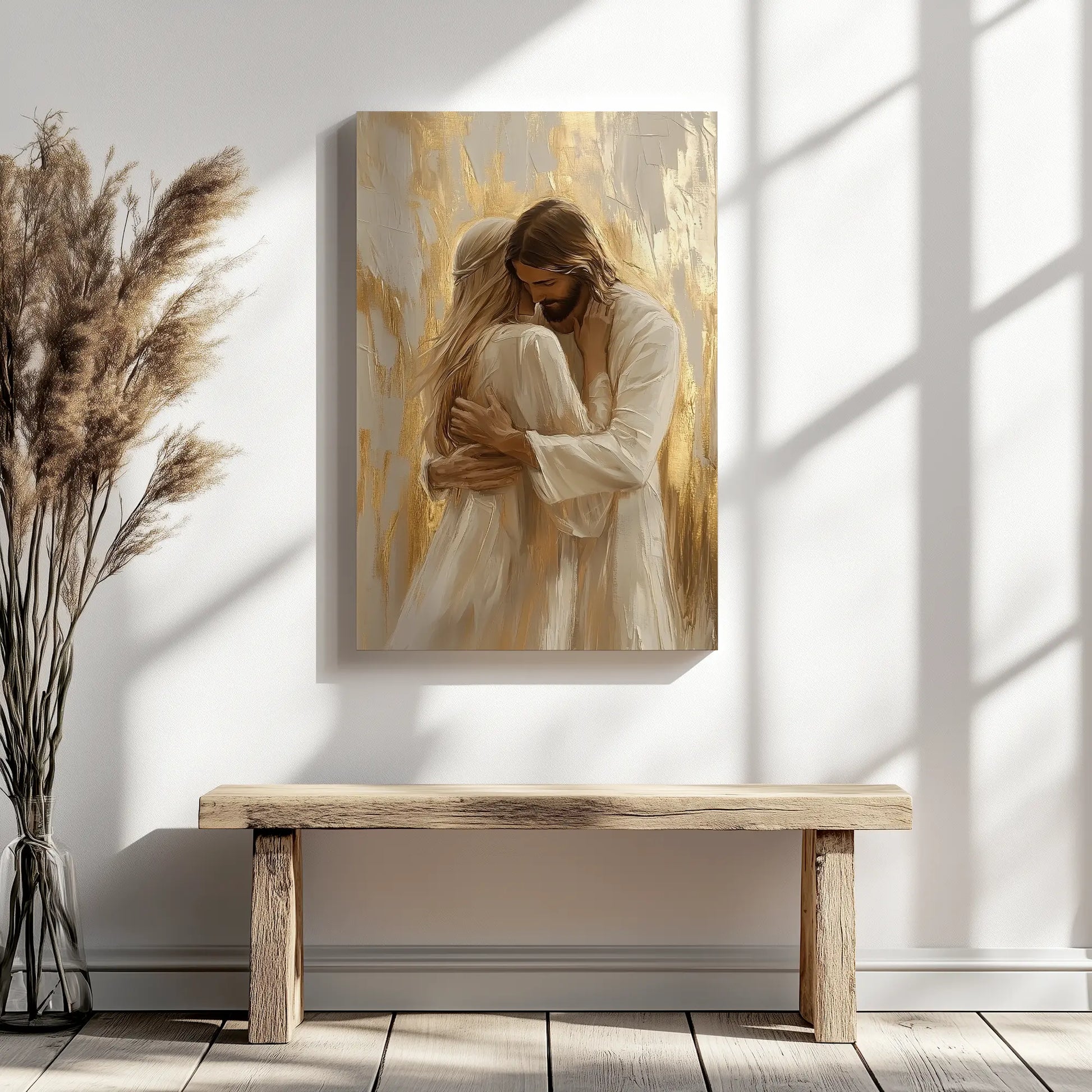 Jesus hugging woman Christian artwork, framed religious wall decor, canvas print for home.