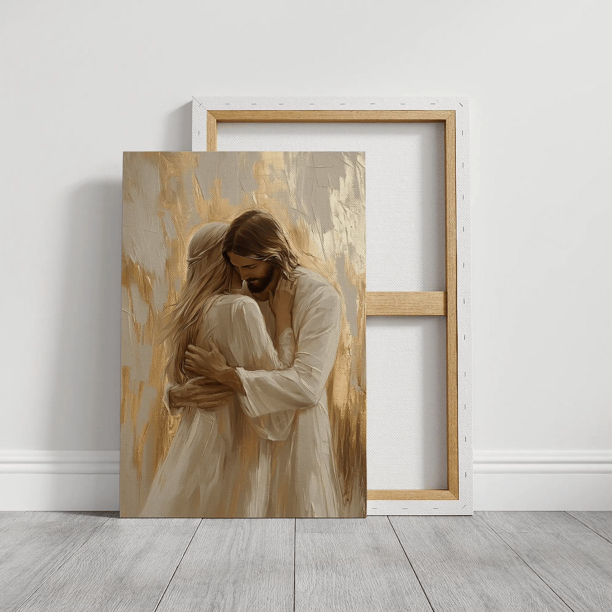 Religious framed picture of Jesus embracing woman, Christian wall art canvas, faith decor.