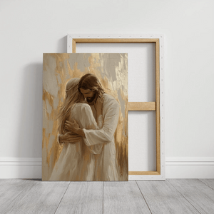 Religious framed picture of Jesus embracing woman, Christian wall art canvas, faith decor.