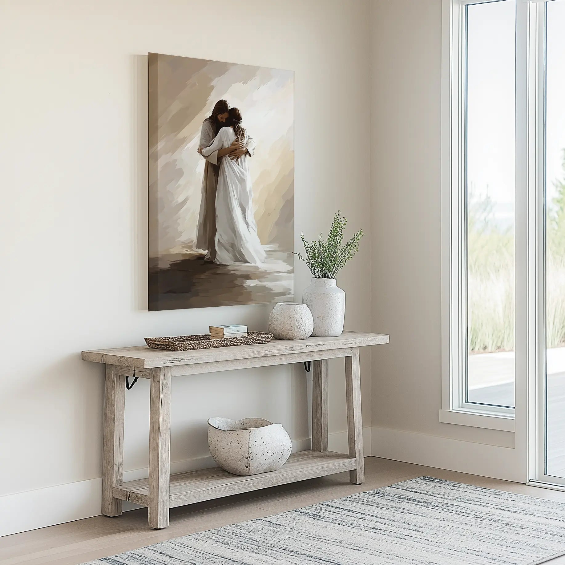Christian canvas print of Jesus hugging woman, framed religious painting, faith-based decor.