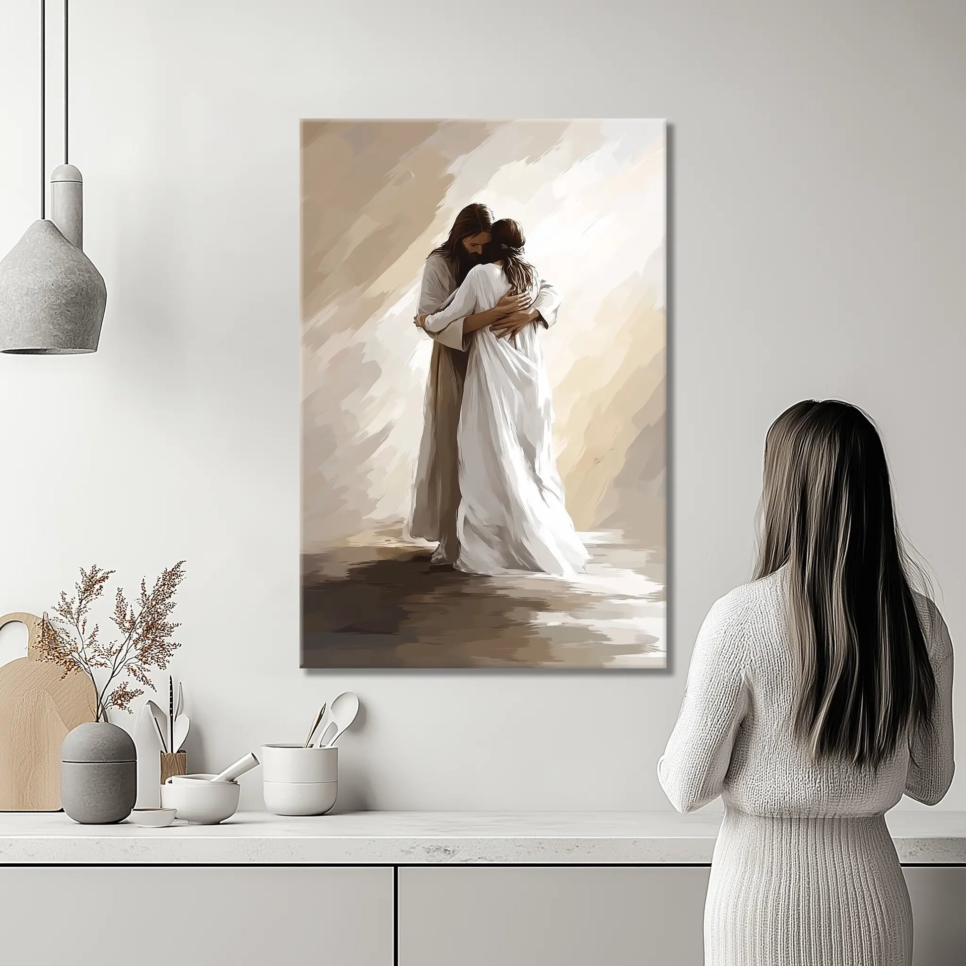 Religious framed artwork of Jesus hugging woman, contemporary Christian faith painting.