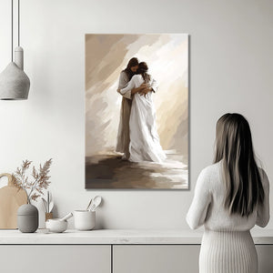Religious framed artwork of Jesus hugging woman, contemporary Christian faith painting.