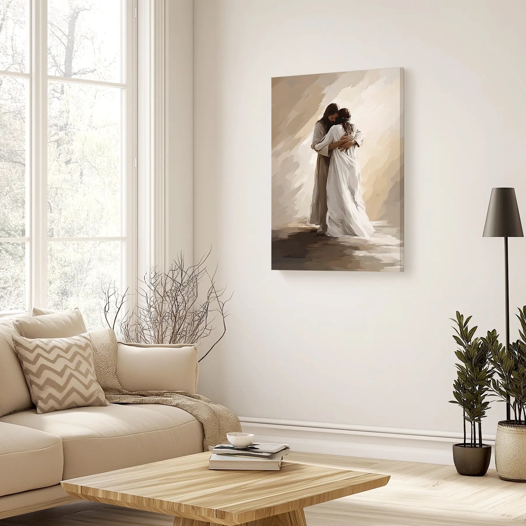 Christian wall decor of Jesus hugging woman, framed religious artwork, inspirational print.