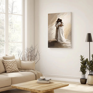 Christian wall decor of Jesus hugging woman, framed religious artwork, inspirational print.