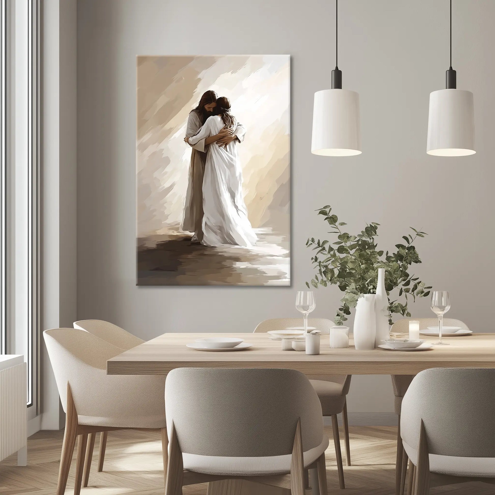 Large Christian canvas print of Jesus hugging woman, framed religious artwork, spiritual decor.