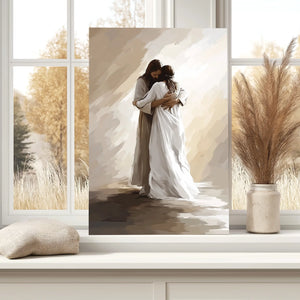 Jesus hugging woman faith-based wall art, Christian framed print, inspirational religious artwork.