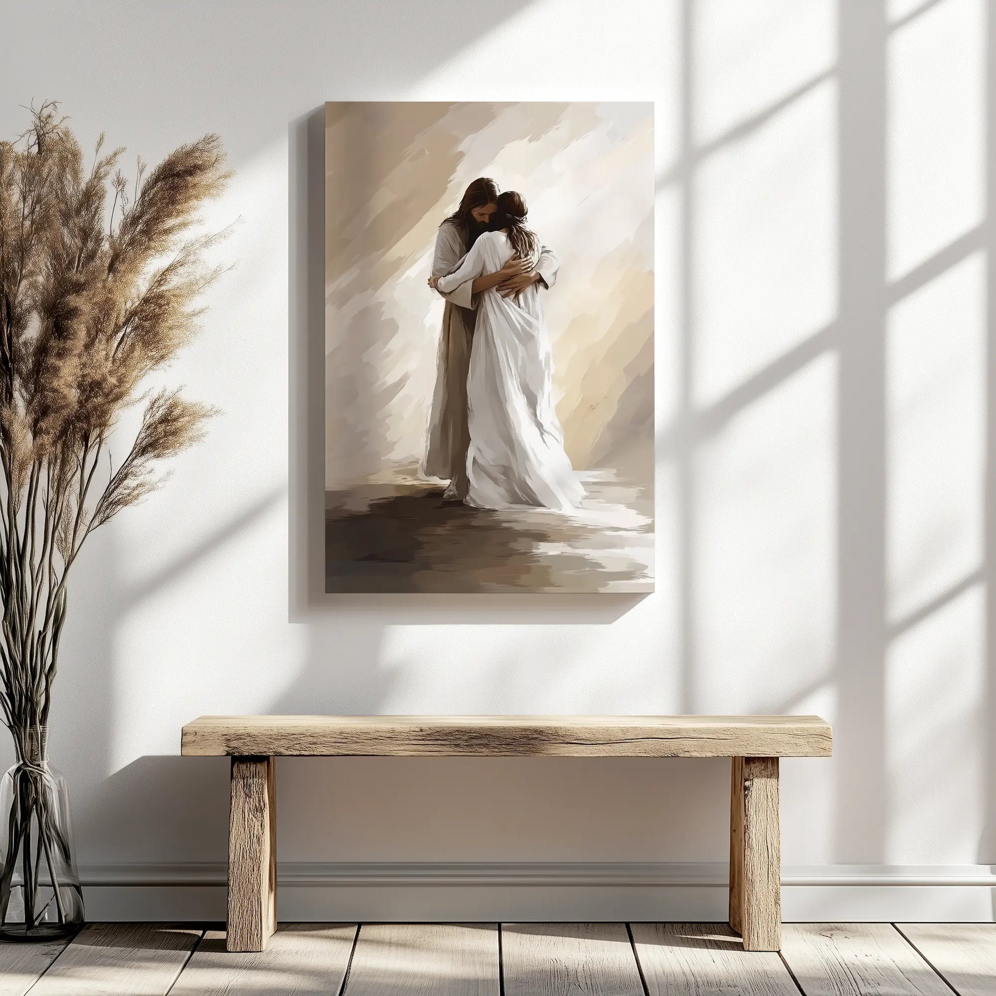 Christian framed picture of Jesus embracing woman, religious home decor, faith-based painting.