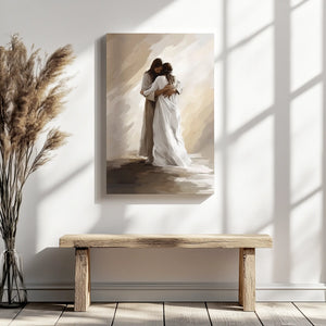 Christian framed picture of Jesus embracing woman, religious home decor, faith-based painting.