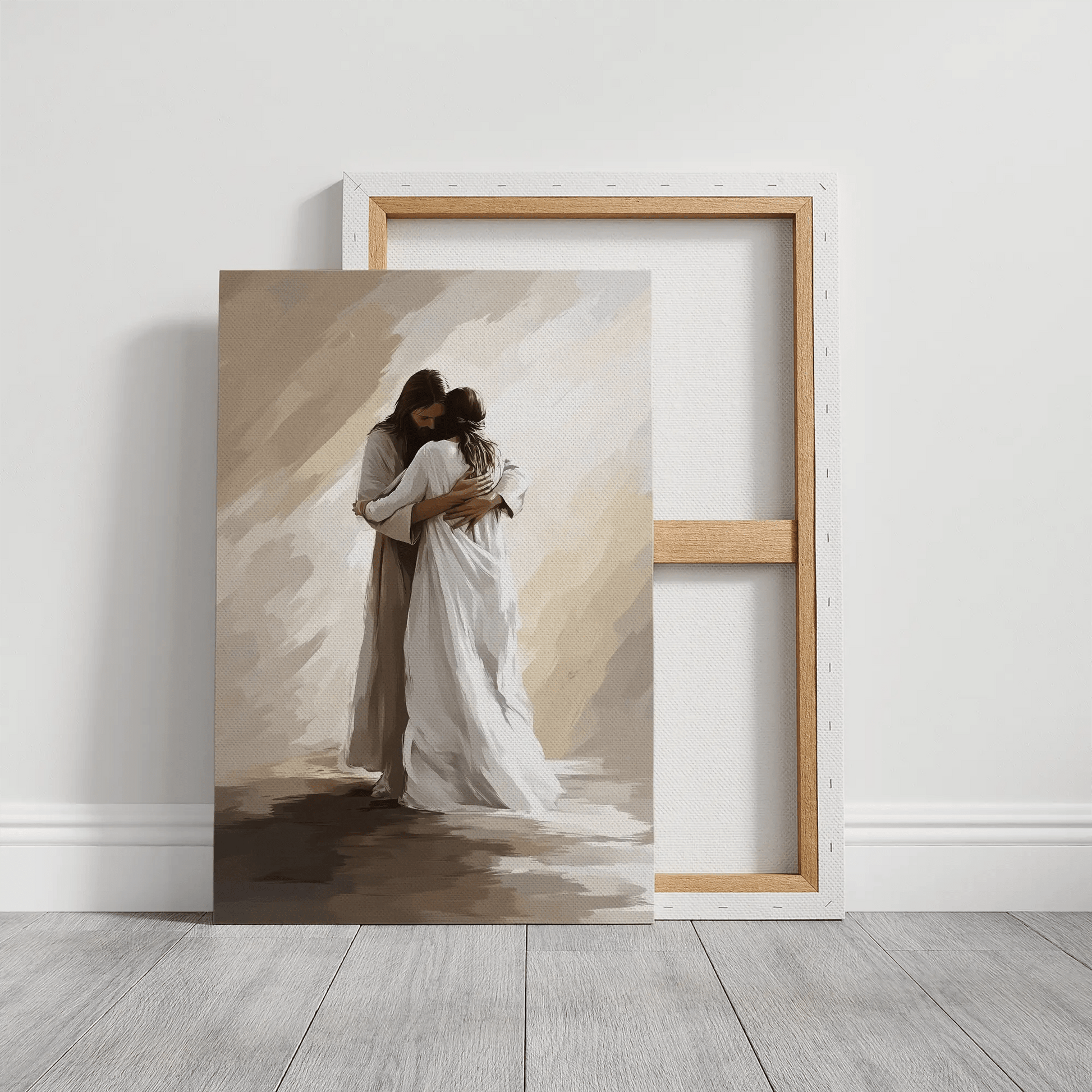Jesus hugging woman inspirational framed painting, Christian faith wall decor, religious print.